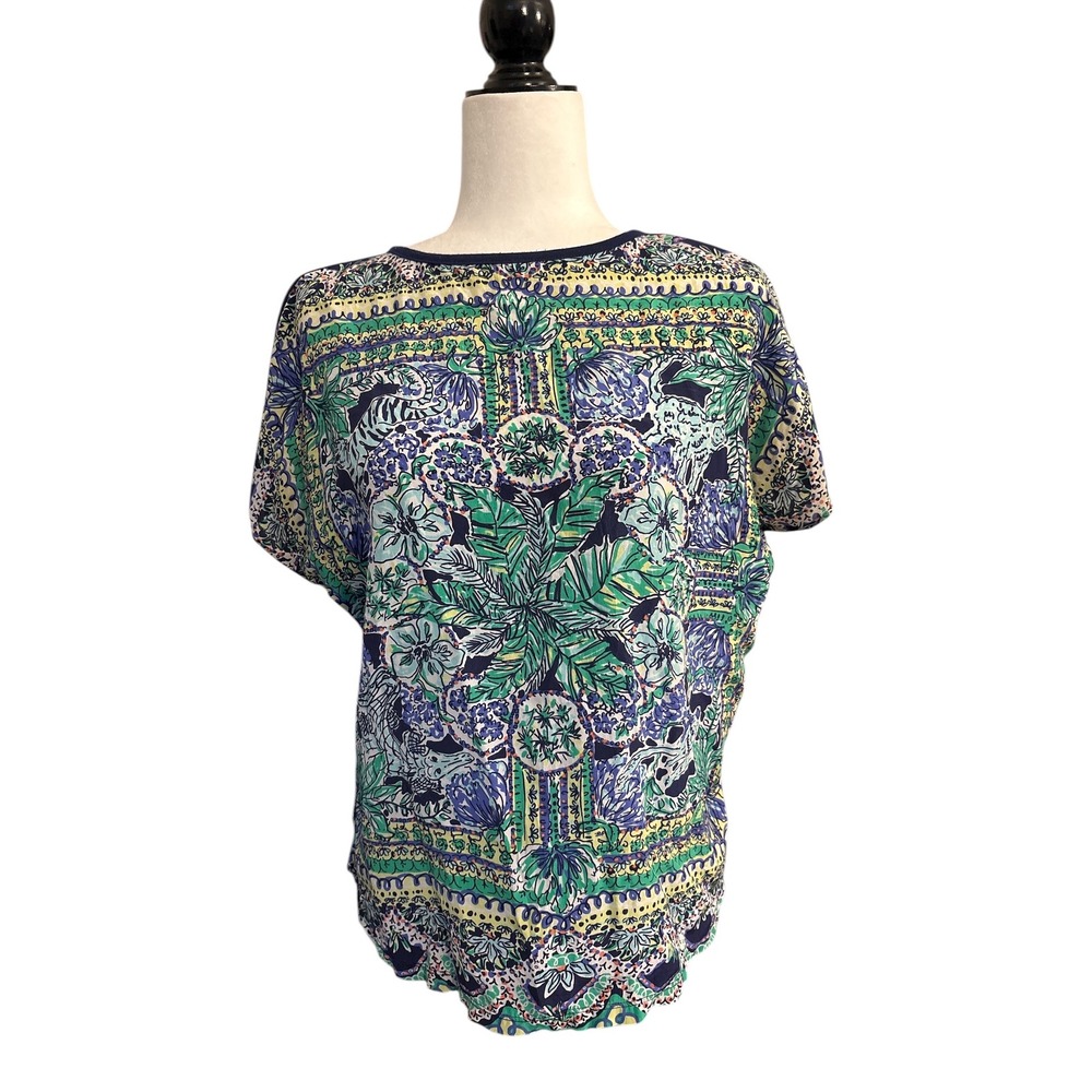Lilly Pulitzer XS S Women's Blue Green Floral Silk Dolman Sleeve Top